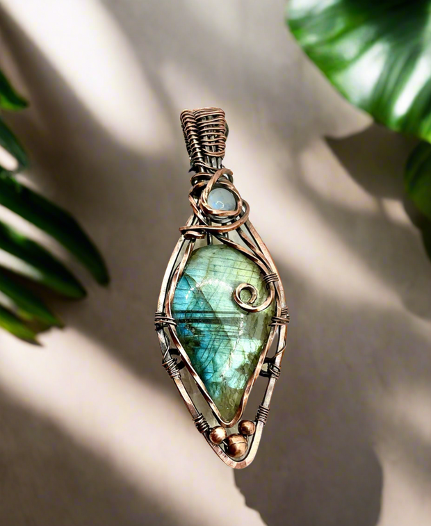 Labradorite & Moonstone Wire Wrapped Pendant