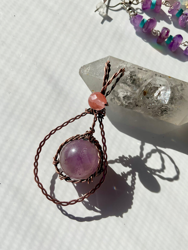 Amethyst Wire Wrapped Sphere/Orb Pendant with Watermelon Tourmaline Accent