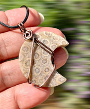 Coral Fossil Crescent Moon Pendant