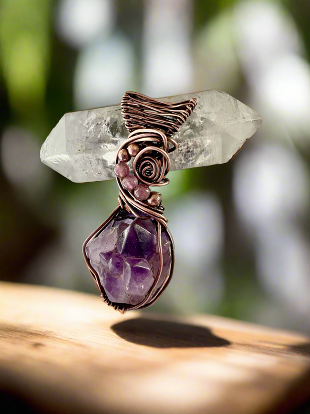 Amethyst Multi Pointed Elestial Pendant with Pink Tourmaline