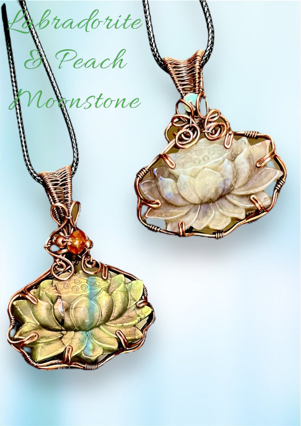 Labradorite & Peach Moonstone Lotus Pendants