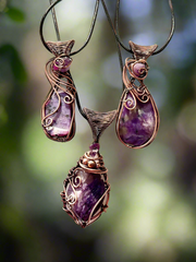 Charoite Wire Wrapped Pendants With Amethyst Accent