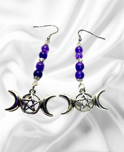 Amethyst Triple Moon Pentagram Earrings