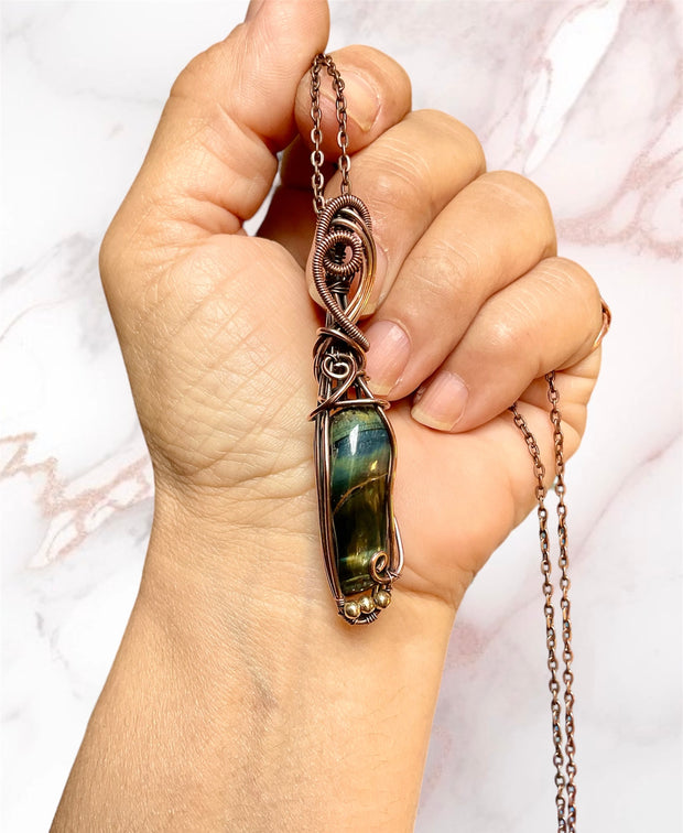 Blue Tiger Eye Wire Wrapped Pendant