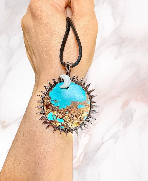 Copper Turquoise Sun, Moon & Lotus Pendant