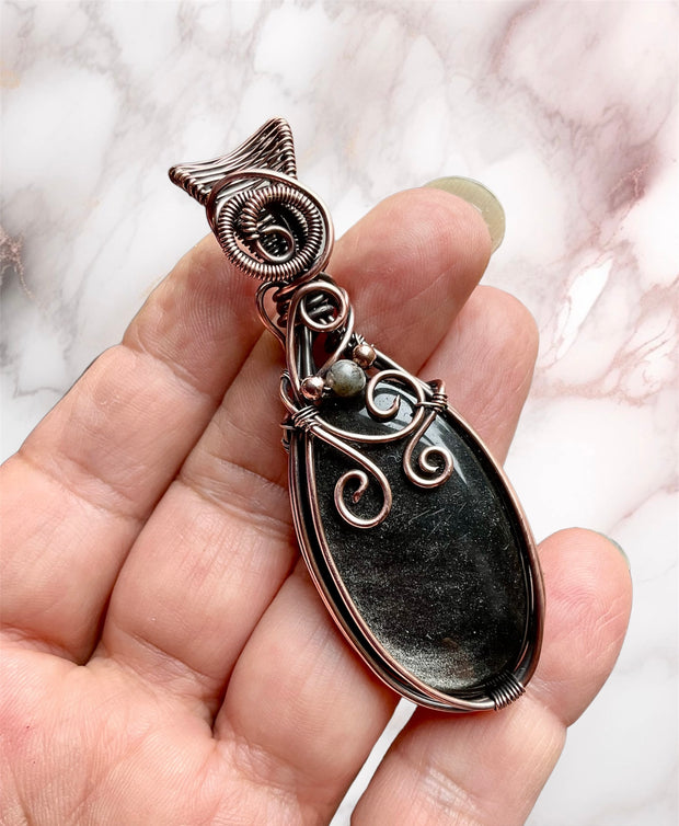 Silver Sheen Obsidian Pendant With Labradorite