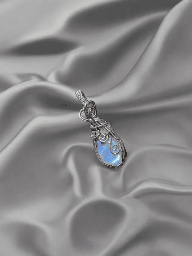 Rainbow Moonstone Pendant Wire Wrapped in Sterling Silver