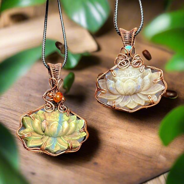 Labradorite & Peach Moonstone Lotus Pendants