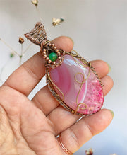 Pink Druzy Agate Wire Wrapped Pendant