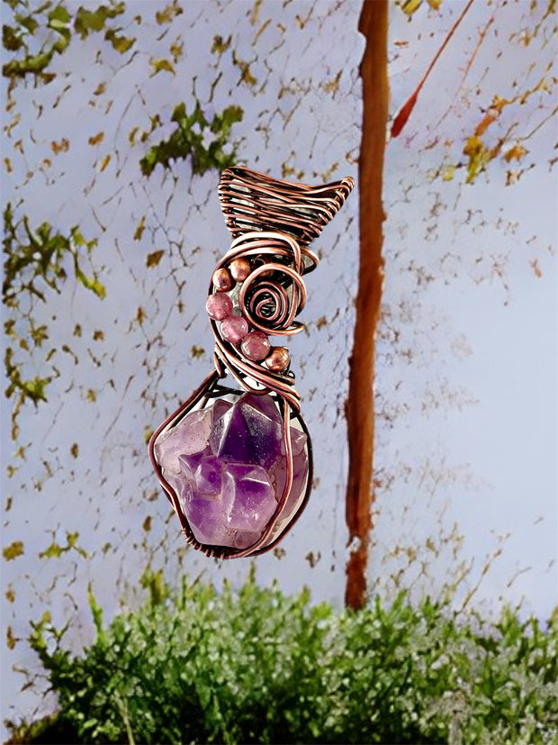 Amethyst Multi Pointed Elestial Pendant with Pink Tourmaline