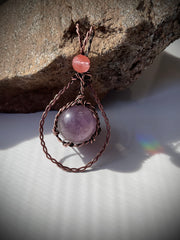 Amethyst Wire Wrapped Sphere/Orb Pendant with Watermelon Tourmaline Accent