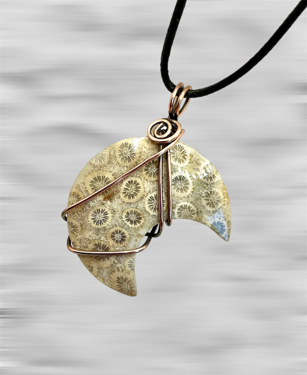 Coral Fossil Crescent Moon Pendant