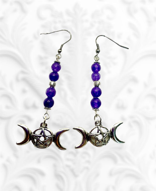 Amethyst Triple Moon Pentagram Earrings