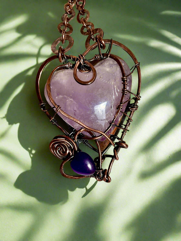 Amethyst Twin Hearts Wire Wrapped Pendant