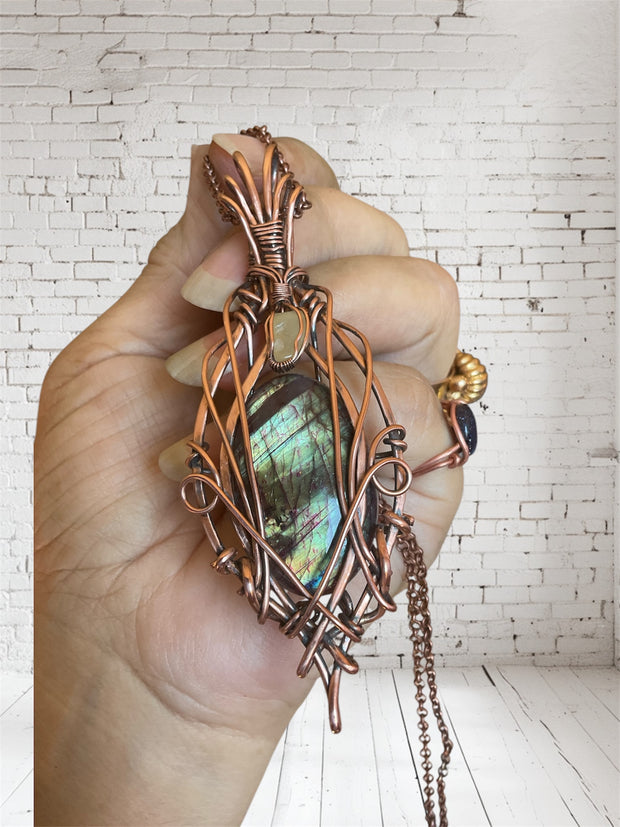 Purple and Green Labradorite Wire Wrapped Pendant