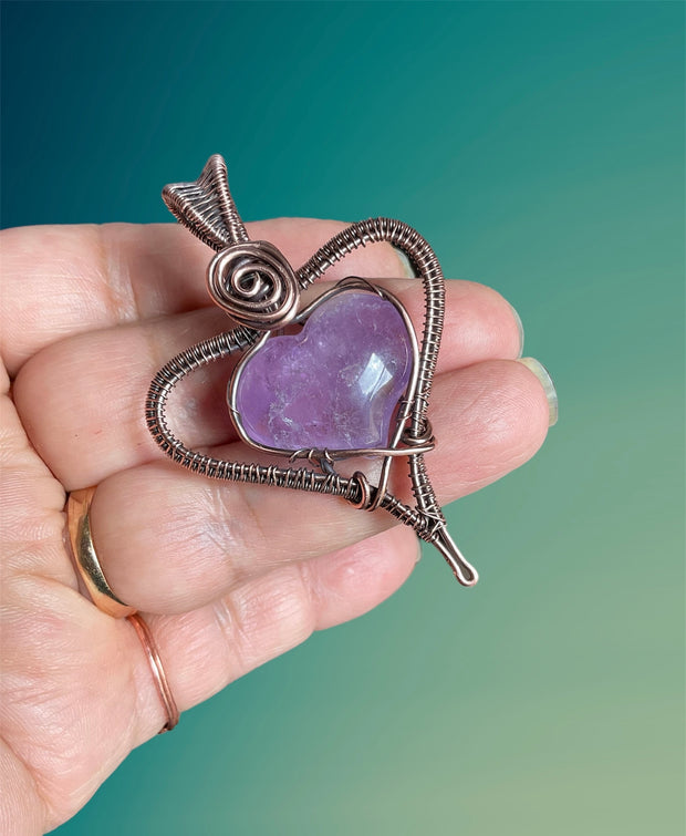 Amethyst Puffy Heart Wire Wrapped Pendant