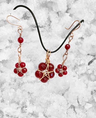 Brazilian Red Ruby Pentagram Pendant and Earrings Set