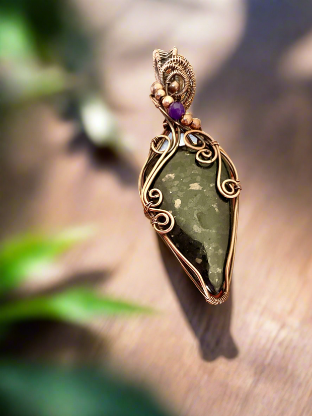 Nuummite Wire Wrapped Pendant with Amethyst Accent