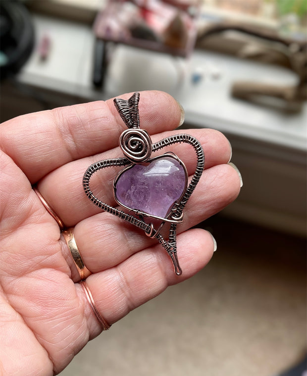 Amethyst Puffy Heart Wire Wrapped Pendant