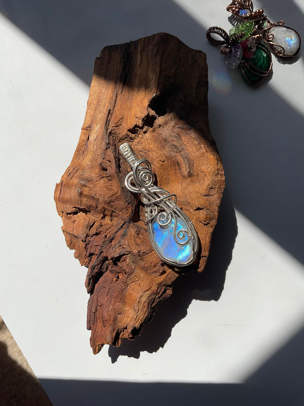 Rainbow Moonstone Pendant Wire Wrapped in Sterling Silver