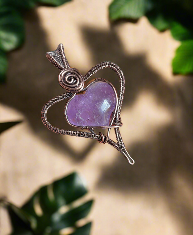 Amethyst Puffy Heart Wire Wrapped Pendant