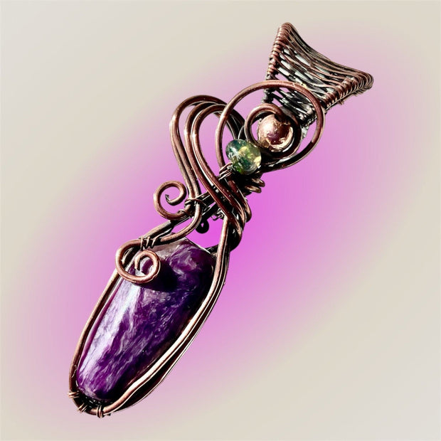 Charoite Pendants with Welo and Black Ethiopian Opal Accents