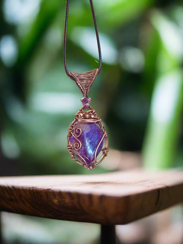 Charoite Wire Wrapped Pendants With Amethyst Accent