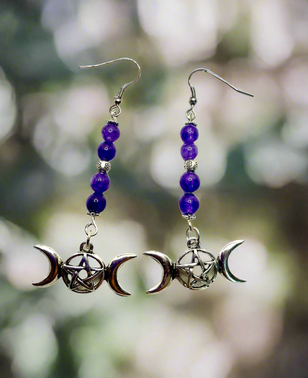 Amethyst Triple Moon Pentagram Earrings