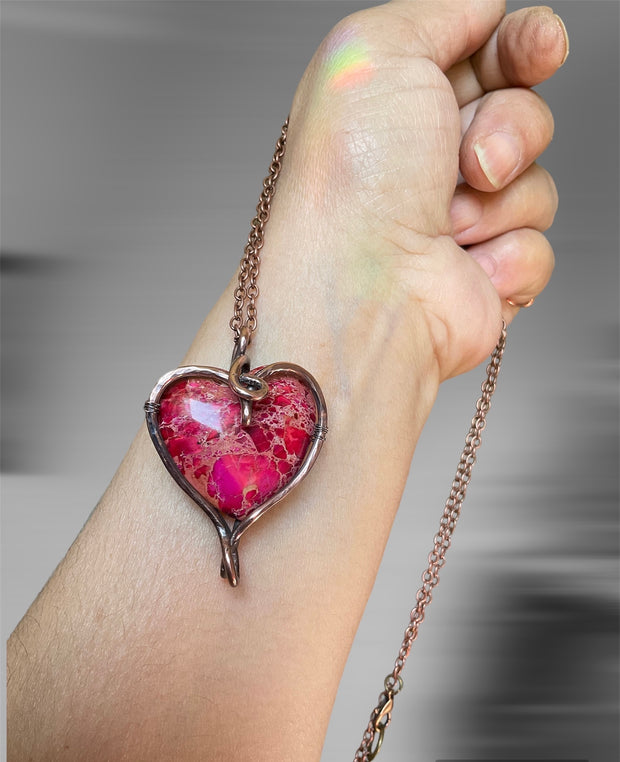 Pink Brecciated Jasper Heart Wire Wrapped Pendant