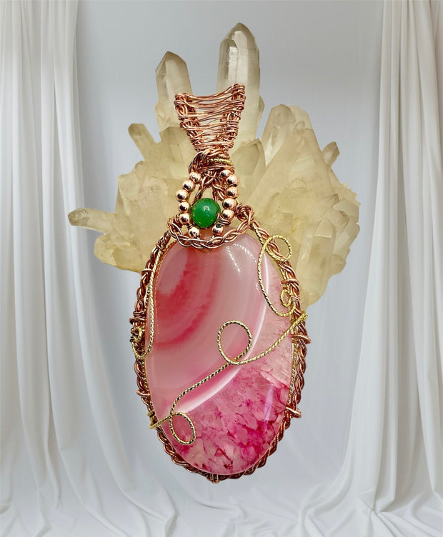 Pink Druzy Agate Wire Wrapped Pendant