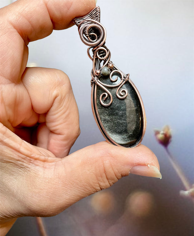 Silver Sheen Obsidian Pendant With Labradorite