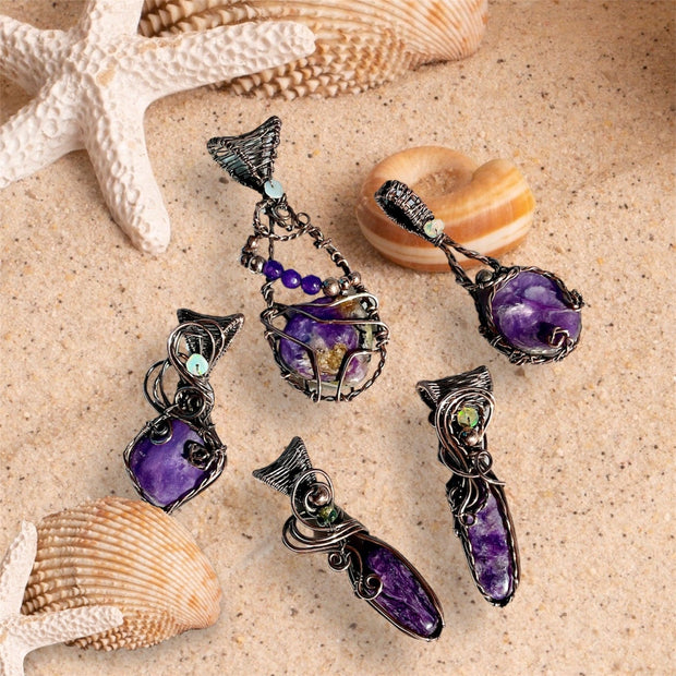 Charoite Pendants with Welo and Black Ethiopian Opal Accents