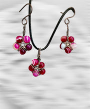 Magenta Striped Agate Pentagram Earrings & Pendant Set