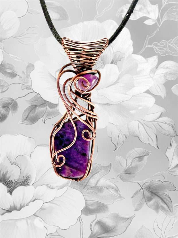 Charoite Wire Wrapped Pendants With Amethyst Accent