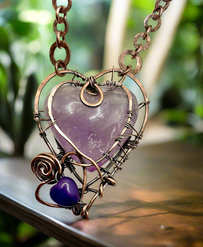 Amethyst Twin Hearts Wire Wrapped Pendant