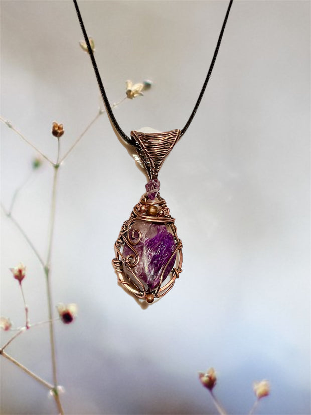 Charoite Wire Wrapped Pendants With Amethyst Accent