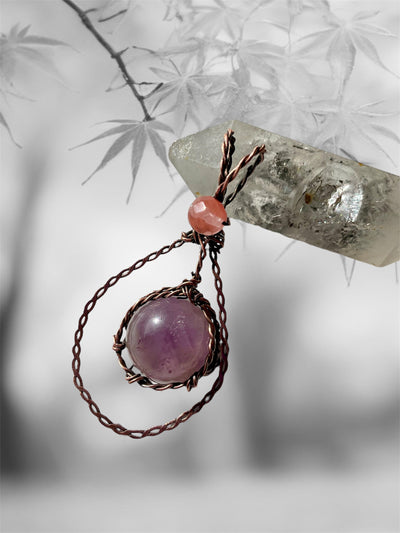 Amethyst Wire Wrapped Sphere/Orb Pendant with Watermelon Tourmaline Accent