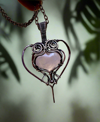 Rose Quartz Puffy Heart Wire Wrapped Pendant