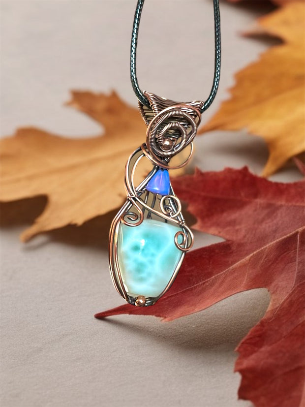 Larimar Wire Wrapped Pendants with Ethiopian Opal Accents