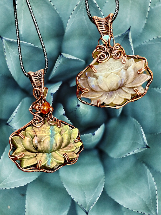 Labradorite & Peach Moonstone Lotus Pendants