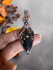 Nuummite Wire Wrapped Pendant with Amethyst Accent