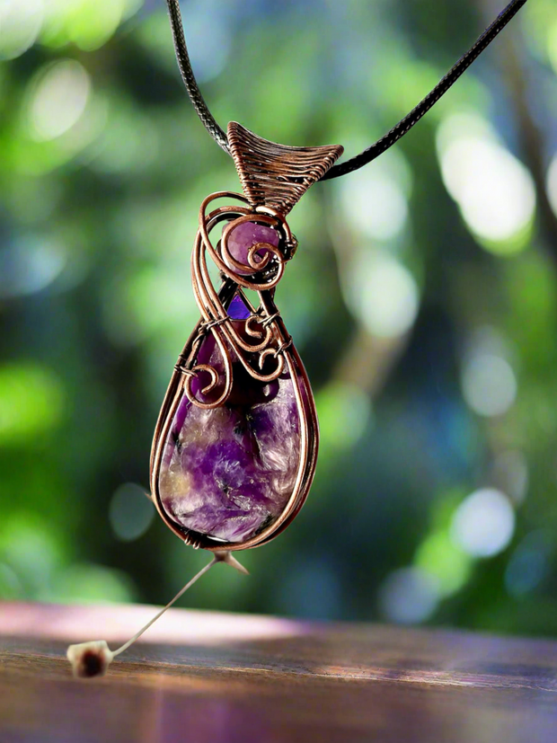 Charoite Wire Wrapped Pendants With Amethyst Accent