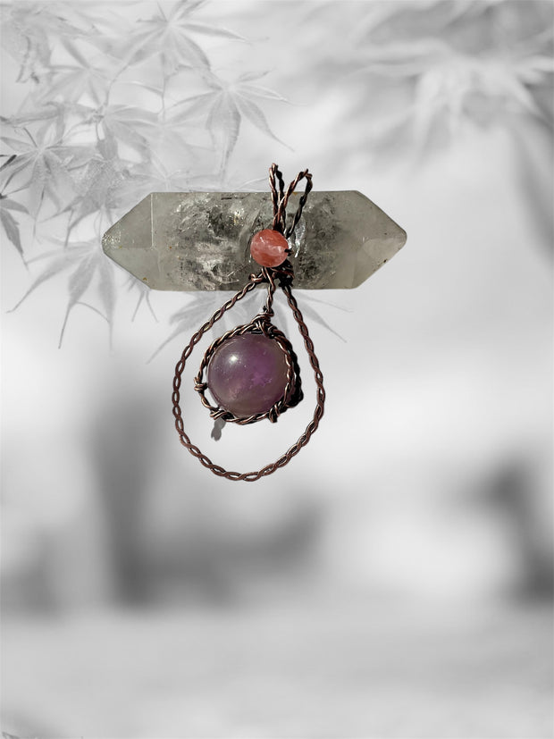 Amethyst Wire Wrapped Sphere/Orb Pendant with Watermelon Tourmaline Accent