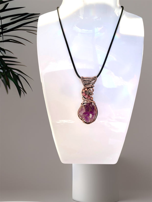 Amethyst Multi Pointed Elestial Pendant with Pink Tourmaline