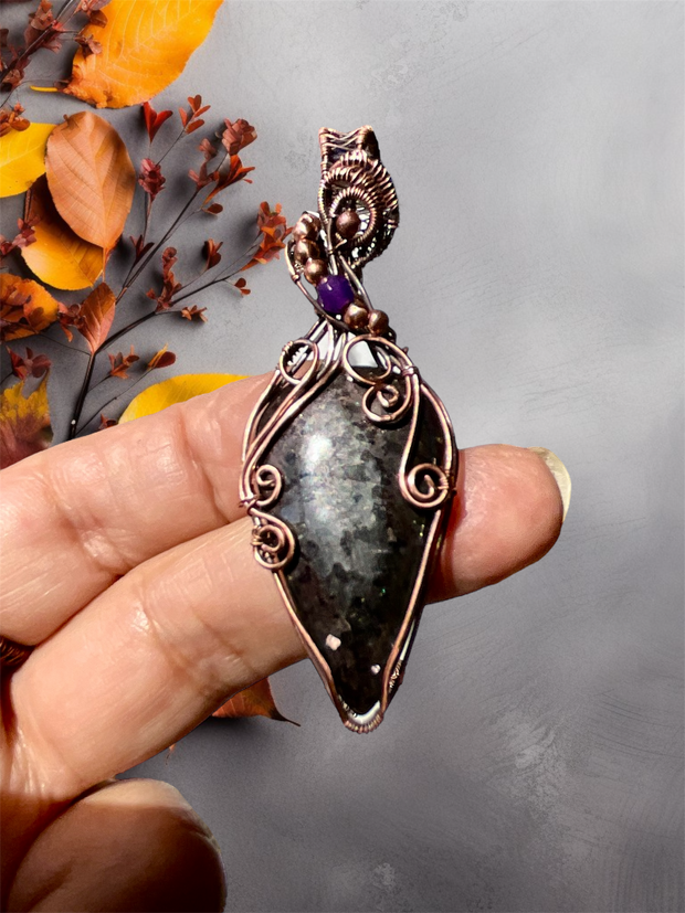 Nuummite Wire Wrapped Pendant with Amethyst Accent