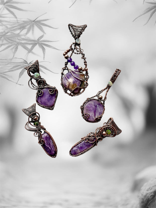 Charoite Pendants with Welo and Black Ethiopian Opal Accents