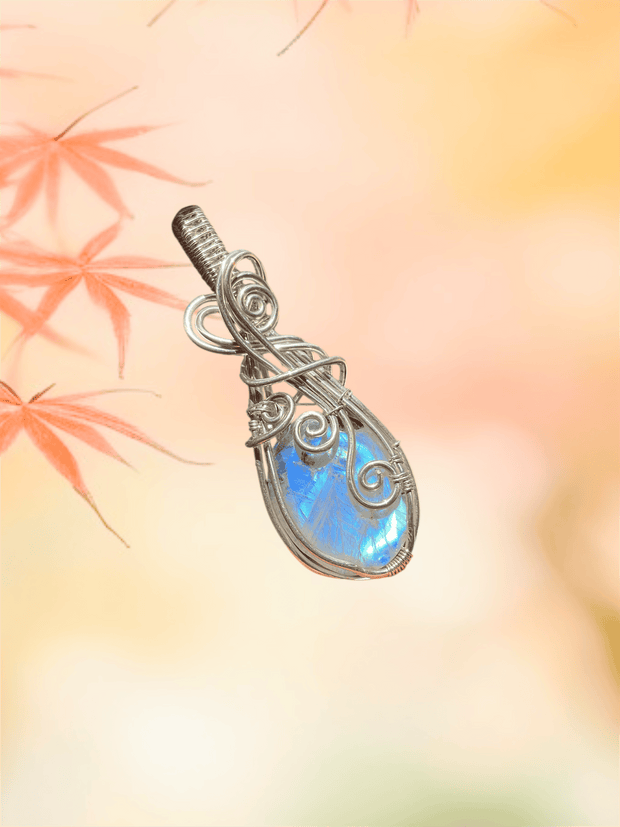 Rainbow Moonstone Pendant Wire Wrapped in Sterling Silver