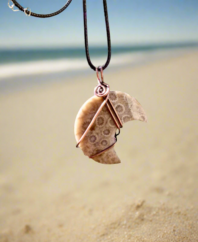 Coral Fossil Crescent Moon Pendant