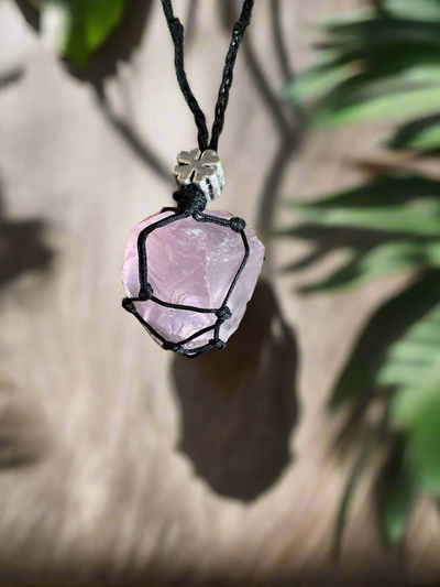 Rough Rose Quartz Macramé Wrapped Pendant