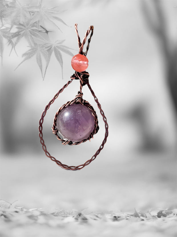 Amethyst Wire Wrapped Sphere/Orb Pendant with Watermelon Tourmaline Accent